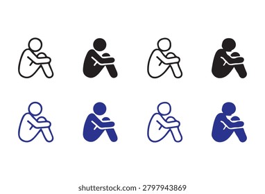 Sad person sitting alone representation set for mental health awareness. Minimalist silhouettes depicting sorrow depression isolation and human emotional state.