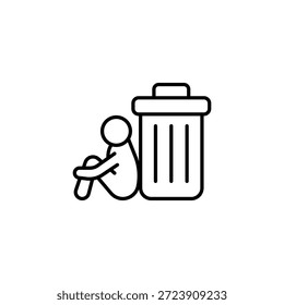 Persona triste sentada al lado del diseño del icono de la papelera