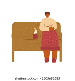 Sad person sitting on coach isolated on white background. Alone person crying at home. Vector hand drawn illustration