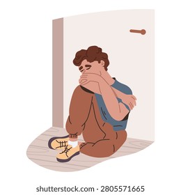 Sad person sitting on floor in simple flat style on light background, concept of sadness and depression. Vector illustration