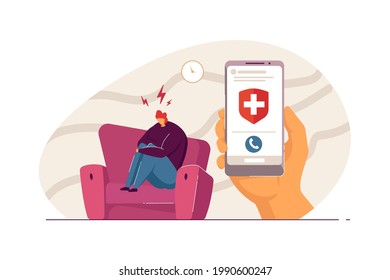Sad person sitting on sofa and hand with phone. Cartoon character hugging knees waiting for doctor flat vector illustration. Mental health, medicine concept for banner, website design or landing page