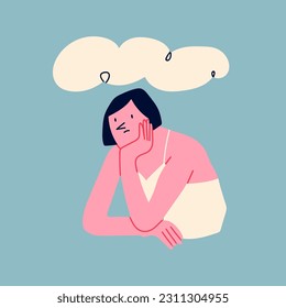 Sad person sitting under the cloud. Cartoon style character. Hand drawn Vector isolated illustration. Bad mood, sadness, depression, sorrow, mental health problem, psychological disorder concept