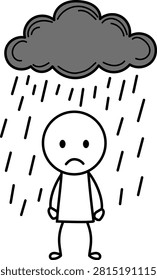 Sad person under rain cloud, cartoon figure 