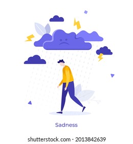 Sad person walking under rain. Concept of sadness, negative thoughts or emotions, bad mood, depression, stress, feeling of grief, misery, suffering. Modern flat vector illustration for banner, poster.