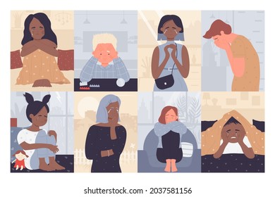 Sad persons, lonely people cry set vector illustration. Cartoon upset unhappy kids, depressed child and adult young man and woman character crying alone, human mental problem collection background