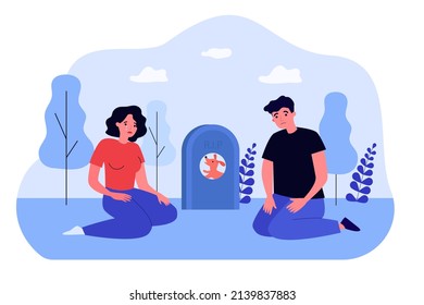 Sad Pet Owners Sitting Near Tombstone With Dog Photo In Cemetery. Man And Woman In Grief Over Death Of Animal Flat Vector Illustration. Funeral Concept For Banner, Website Design Or Landing Web Page