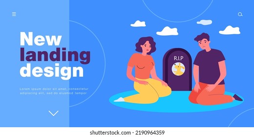 Sad Pet Owners Sitting Near Tombstone With Dog Photo In Cemetery. Man And Woman In Grief Over Death Of Animal Flat Vector Illustration. Funeral Concept For Banner, Website Design Or Landing Web Page