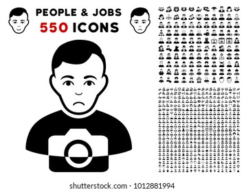 Sad Photographer pictograph with 550 bonus pity and glad person design elements. Vector illustration style is flat black iconic symbols.