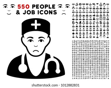 Sad Physician pictograph with 550 bonus pity and happy men clip art. Vector illustration style is flat black iconic symbols.