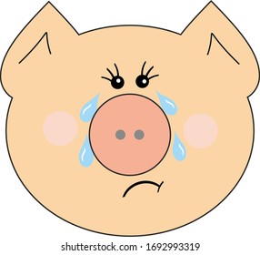 sad pig crying, muzzle of pig, icon on white background