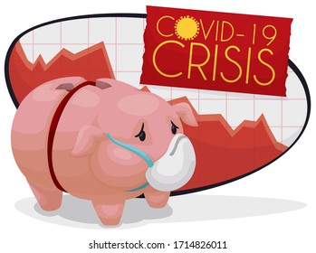 Sad piggy bank seeing a graph depicting the economy down tendency and budget cuts squeezing the savings during the COVID-19 financial crisis.