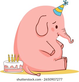 Elefante rosa triste com bolo de aniversário e chapéu de festa - Desenho animado ilustração animal