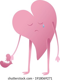 Sad pink heart character crying and holding torn heart in hand. Vector illustration. Mood: sad, broken love, betrayal, cheating, crying, upset, offended, deceived.