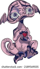 Sad pink monster flat hand drawn vector illustration. Cute fantasy creature holding heart in paws isolated on white. Creative emoticon for sublimation print, sticker, patch. Tiny character