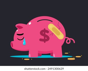 A sad pink pig with a bandage in their body. Isolated Vector Illustration