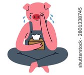 Sad pink pig crying with tissue box wiping tears while sitting cross legged in overalls for heartbreak depression loneliness and emotional mental health concept. Flat vector illustration