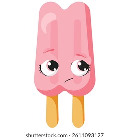 Sad pink popsicle with expressive eyes and downturned mouth Ideal for illustrating emotions, food-related stories, seasonal themes, or packaging for frozen treats
