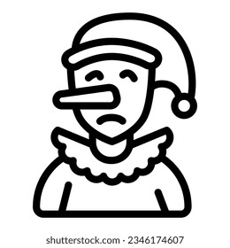 Sad pinocchio doll with a long nose line icon, theater concept, pinnochio vector sign on white background, outline style icon mobile concept web design. Vector graphics.