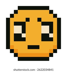 A sad pixel emoji face with large pleading eyes in 8-bit pixel art style