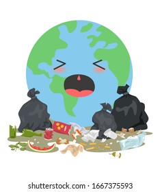 Sad planet Earth with a garbage. Ecology concept. Vector illustration.