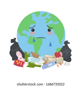Sad planet Earth with a garbage. Ecology concept. Vector illustration.