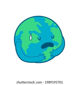 Der traurige Planet Erde hält sich fest. Moderne Flach-Vektorgrafik. Vorlage für soziale Medien.