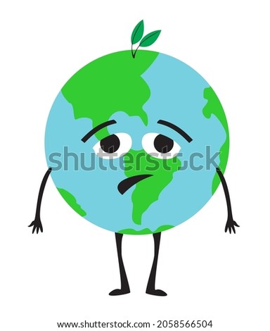 Sad planet Earth. Planet mascot  without plants of environ cry and need help. Vector illustration problems of environment isolated on white