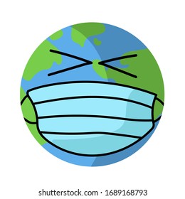 
Sad planet earth in a medical face mask. sad planet earth suffers due to coronavirus covid-19 2019-ncov and forest fires