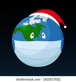 Triste planeta Tierra con sombrero rojo y máscara médica. concepto de Navidad. Ilustración vectorial.