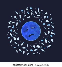 Sad planet Earth surrounded by plastic garbage. Design about the global environmental pollution problem, in support of plastic recycling. The concept of Zero waste.