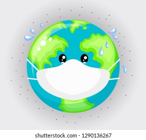 Sad planet earth wearing protective face masks . Environmental pollution concept. Fine dust, air pollution, industrial smog, pollutant gas emission. Vector illustration.