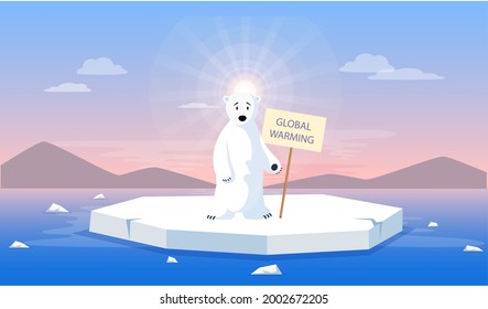 Sad polar bear escapes melting glacier. Animals during global warming concept. Cute polar bear standing on iceberg is afraid of global warming. Animal on ice floe melting due to climate change