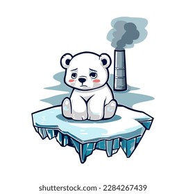 Sad polar bear stranded on a small ice floe, with a smoking factory chimney in the background