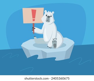 Sad Polar bear with warning sign placard on ice float vector illustration. Polar ice caps melting. Global warming, climate change concept