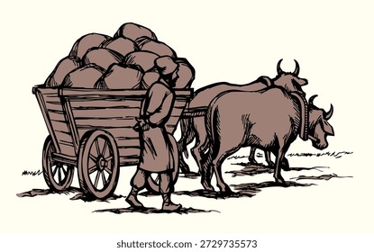 Triste pobre hombre de madera humana trolley telega cosecha bolsa de pacas wain. Arte dibujado a mano Ucrania pasado
Edad Cuerno Mamífero Ir Caminar Mover Dray Jalar Rústico Sucio Camino Asiático Campo Hierba Naturaleza Blanco
escena del cielo