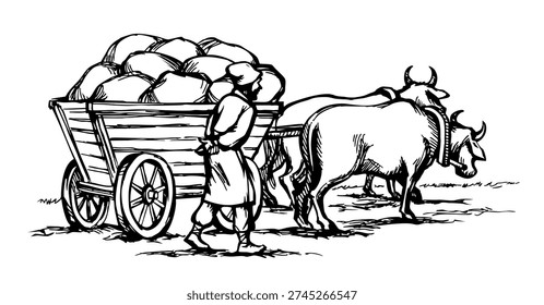 Sad poor guy wood human trolley telega crop harvest bale bag wain. Hand drawn art ukraine past
age horn mammal go walk move dray pull rustic dirty way asian country field grass nature white
sky scene