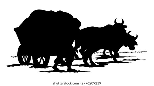 Sad poor guy wood human trolley telega crop harvest bale bag wain. Hand drawn art ukraine past
age horn mammal go walk move dray pull rustic dirty way asian country field grass nature white
sky scene