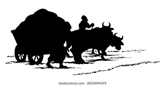 Sad poor guy wood human trolley telega crop harvest bale bag wain. Hand drawn art ukraine past
age horn mammal go walk move dray pull rustic dirty way asian country field grass nature white
sky scene
