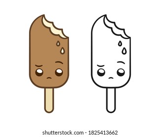 Sad popsicle cartoon character colored and black and white outline set. Vector illustration coloring activity worksheet for kids.