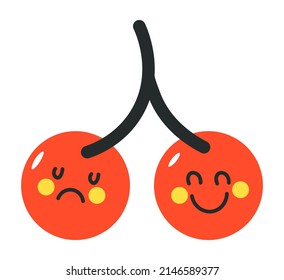 Sad and positive character, cherries personages. Organic and healthy dessert or meal. Vitamins, comic and funny berries with fun expression. Nutrition and vegan menu, vector in flat style illustration