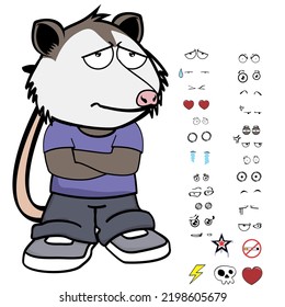 sad possum character cartoon kawaii expressions set pack in vector format