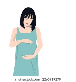 Sad pregnant asian woman. Modern banner about pregnancy and motherhood.