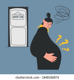 Sad pregnant girl is thinking about having an abortion. Late termination of pregnancy. The concept of unwanted pregnancy. Vector illustration