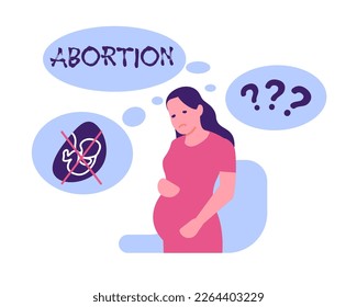 Sad pregnant girl thinking about abortion. Unplanned and unwanted pregnancy. Thoughtful female. Woman choice between abort and childbirth. Mother decision. Mom doubts