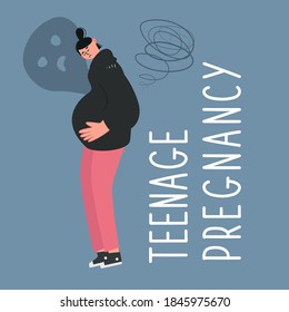 Sad pregnant teenage girl put her hands on her belly. Early, unwanted pregnancy of underage girls. Socio-psychological problem. Vector illustration