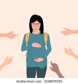 Sad Pregnant Teenager, Pointed Finger People. Social Problem Of Adolescent Or Teen Pregnancy. Immature Mother.