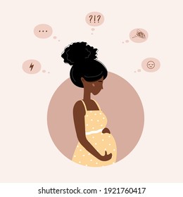 Sad pregnant woman doubts. Anxious african girl has many questions. Young mother needs psychological help. Family support and pregnancy assistance. Vector illustration in flat cartoon style.