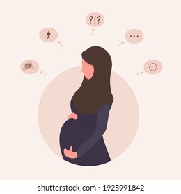 Sad pregnant woman doubts. Anxious arab girl has many questions. Young mother needs psychological help. Family support and pregnancy assistance. Vector illustration in flat cartoon style.