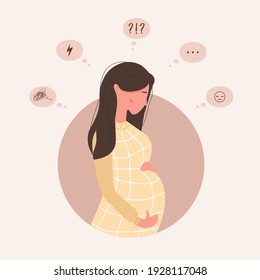 Sad pregnant woman doubts. Anxious girl has many questions. Young mother needs psychological help. Family support and pregnancy assistance. Vector illustration in cartoon style.