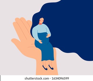 A sad pregnant woman needs prenatal care and support. A young woman expecting a child is depressed. Psychological and medical vector illustration 